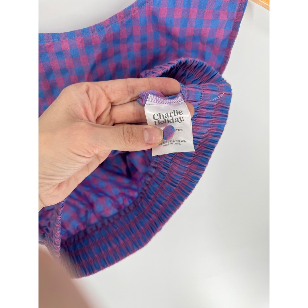 Charlie Holiday Elena Gingham Crop Top Women Est Sz XS Pink Blue Sleeveless - Picture 7 of 14